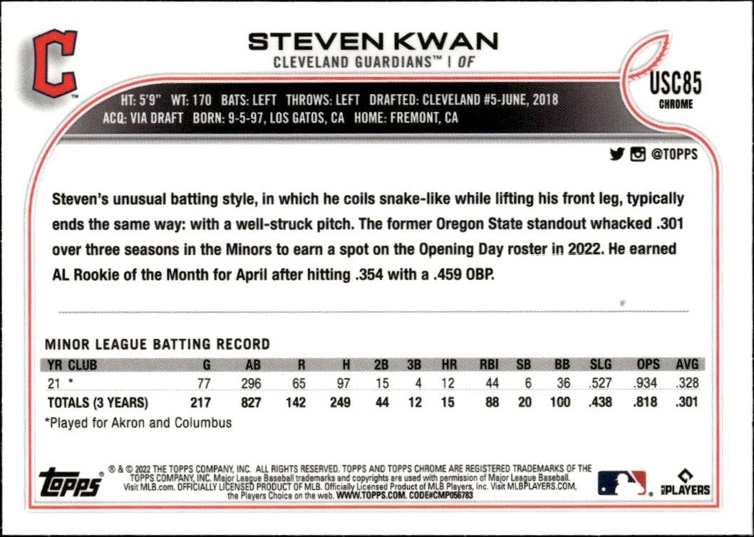 2022 Topps Chrome Update Steven Kwan #USC85 baseball trading card back