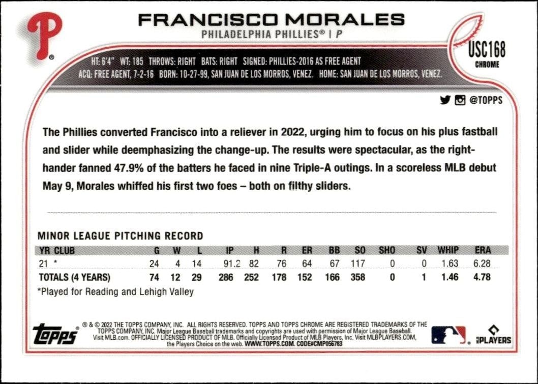 2022 Topps Chrome Update Francisco Morales #USC168 baseball trading card back