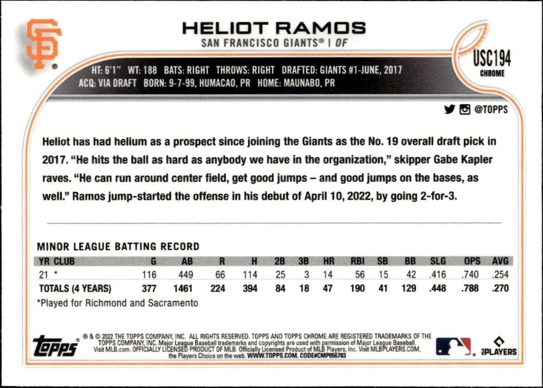 2022 Topps Chrome Update Heliot Ramos #USC194 baseball trading card back