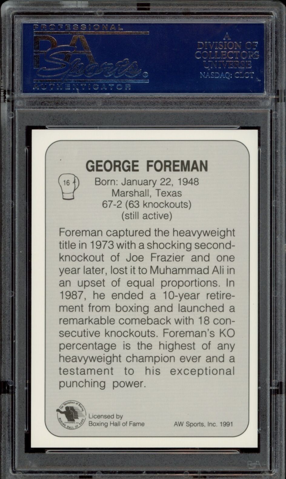 1991 AW Sports Boxing George Foreman #16 boxing trading card back
