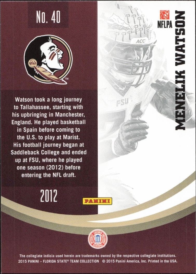 2015 Panini Florida State Seminoles Menelik Watson #40 football trading card back