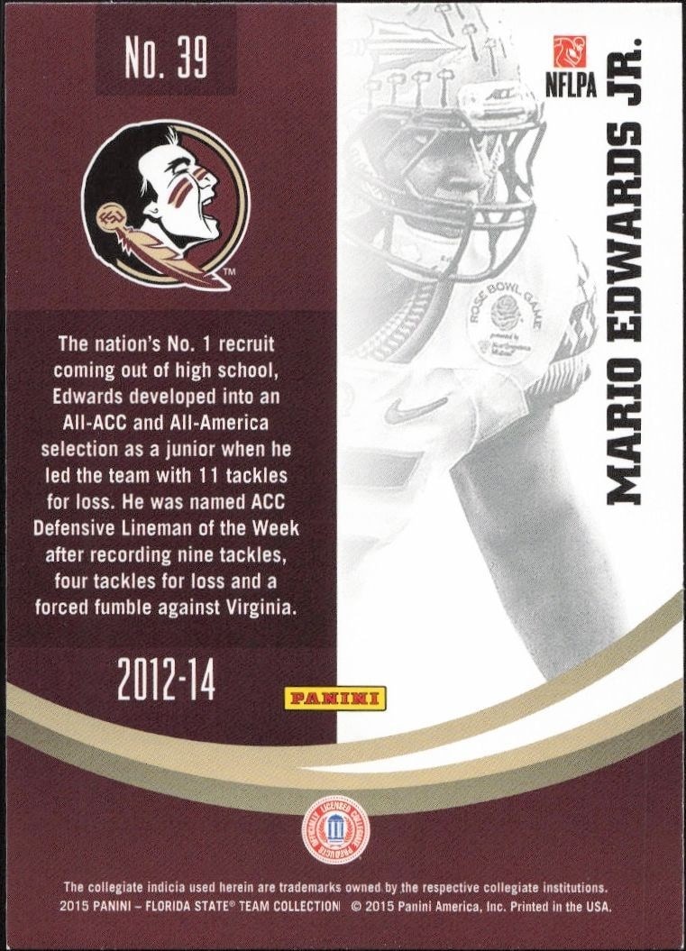 2015 Panini Florida State Seminoles Mario Edwards Jr. #39 football trading card back