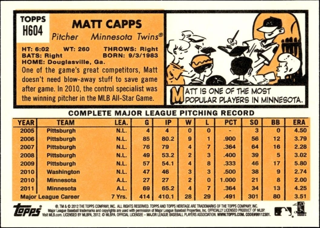 2012 Topps Heritage Matt Capps #H604 baseball trading card back