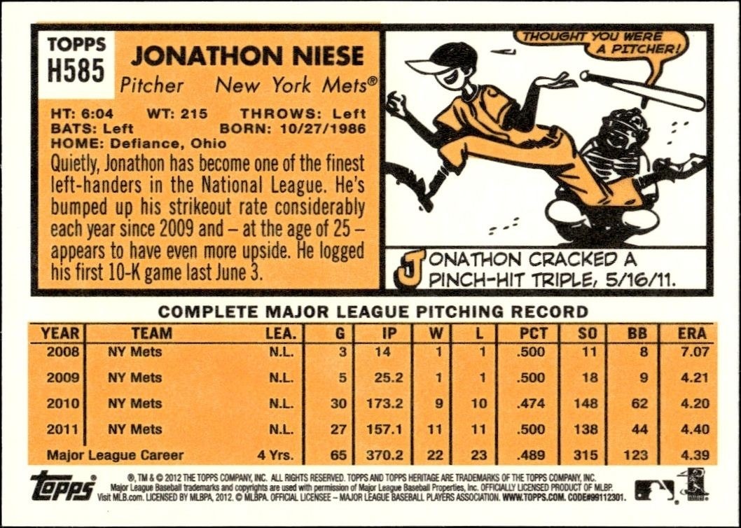 2012 Topps Jon Niese #H585 baseball trading card back