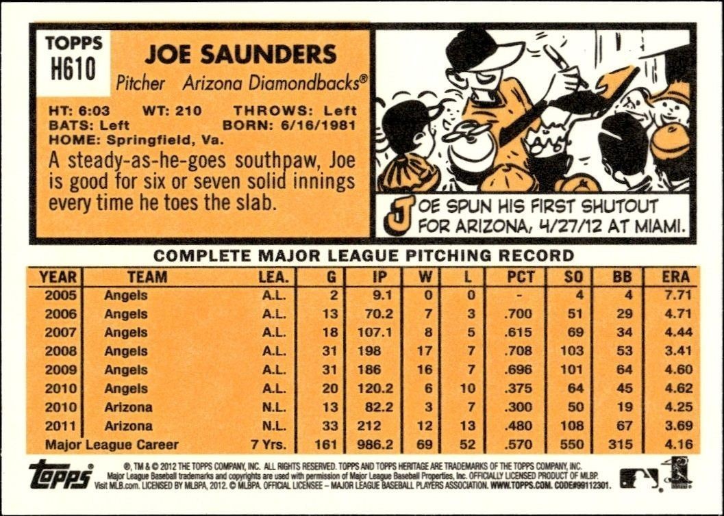 2012 Topps Heritage High Number Joe Saunders #H610 baseball trading card back