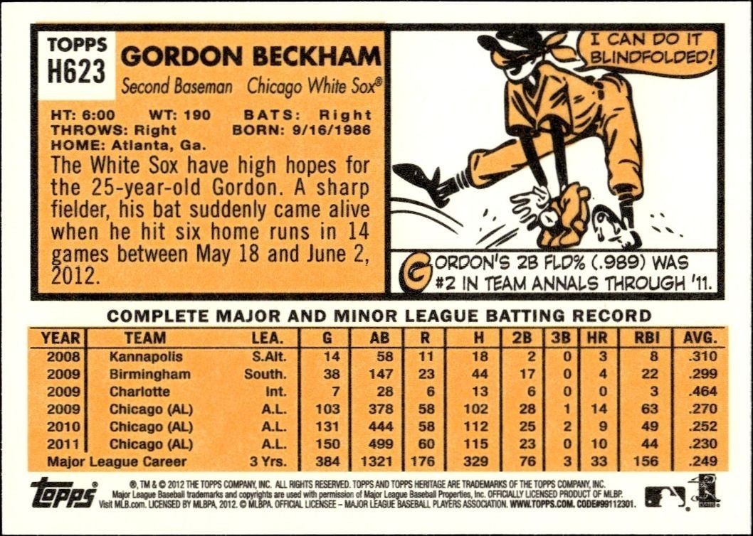 2012 Topps Heritage High Number Gordon Beckham #H623 baseball trading card back