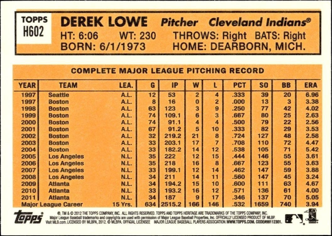 2012 Topps Heritage High Number Derek Lowe #H602 baseball trading card back
