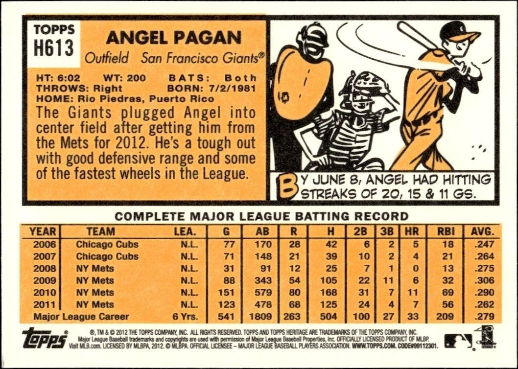2012 Topps Heritage High Number Angel Pagan #H613 baseball trading card back