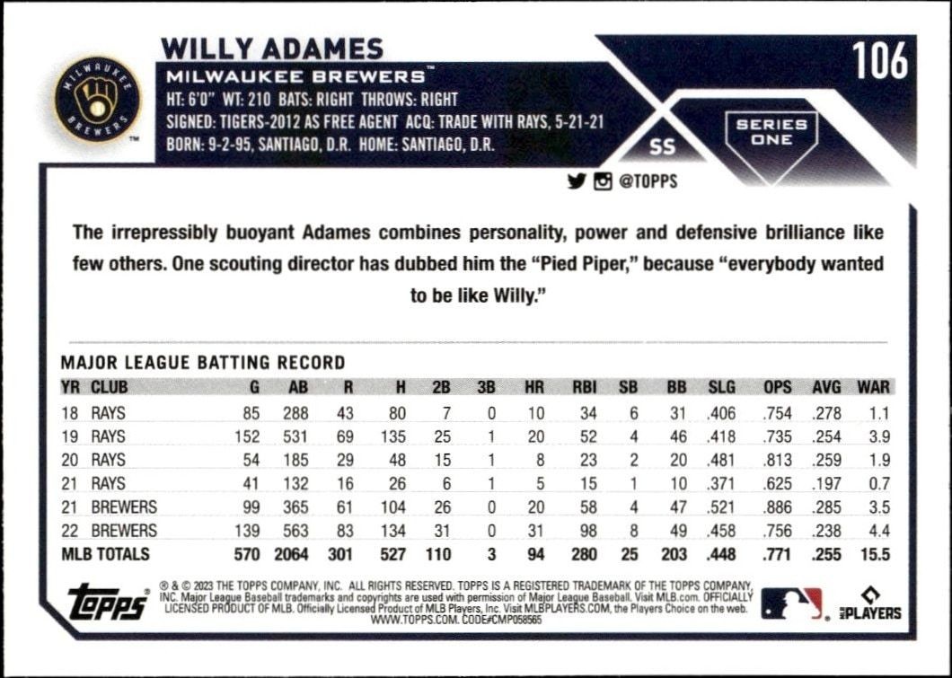2023 Topps Willy Adames #106 baseball trading card back