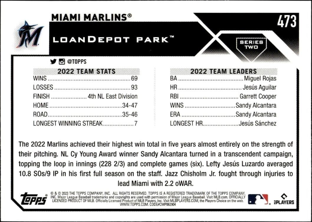 2023 Topps Series 2 Miami Marlins #473 baseball trading card back