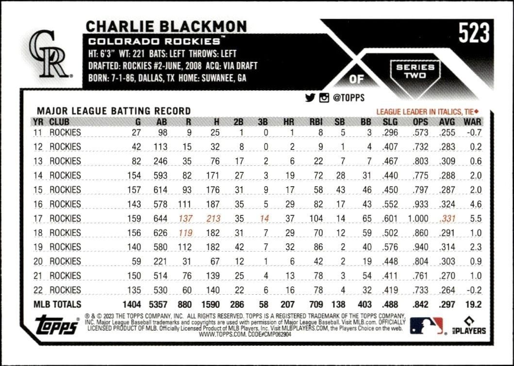 2023 Topps Series 2 Charlie Blackmon #523 baseball trading card back