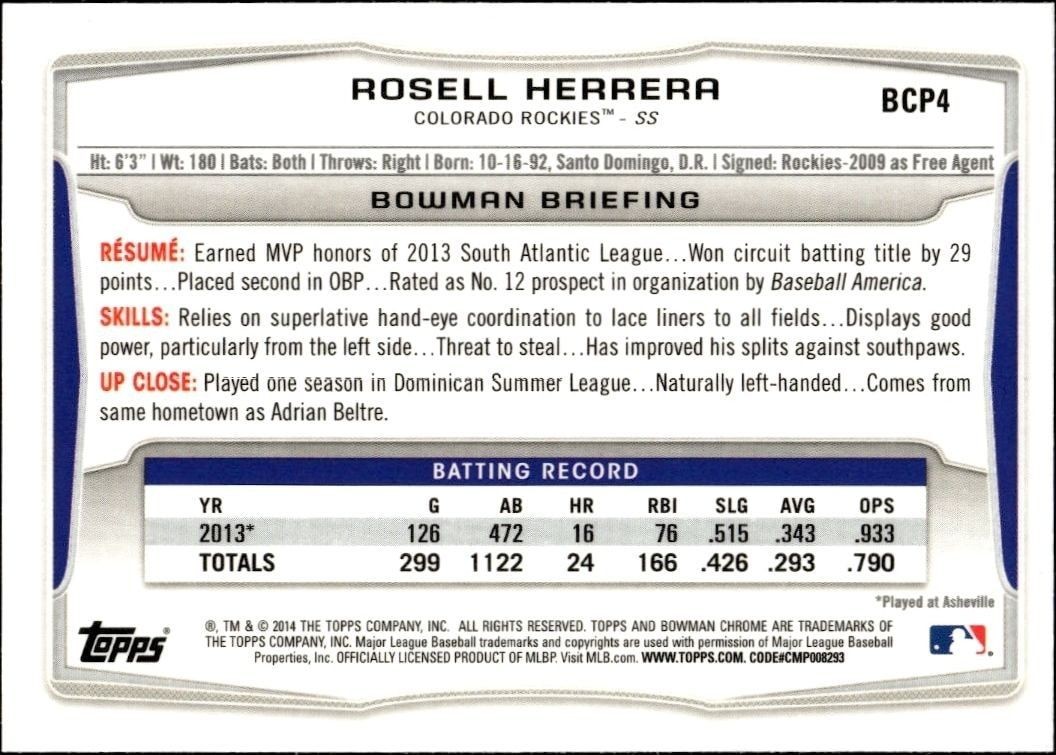 2014 Bowman Chrome Rosell Herrera #BCP4 baseball trading card back