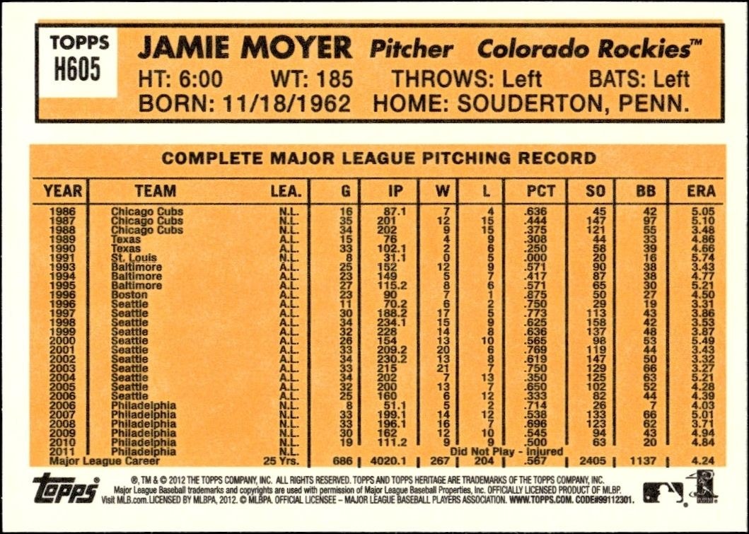 2012 Topps Heritage High Number Jamie Moyer #H605 baseball trading card back
