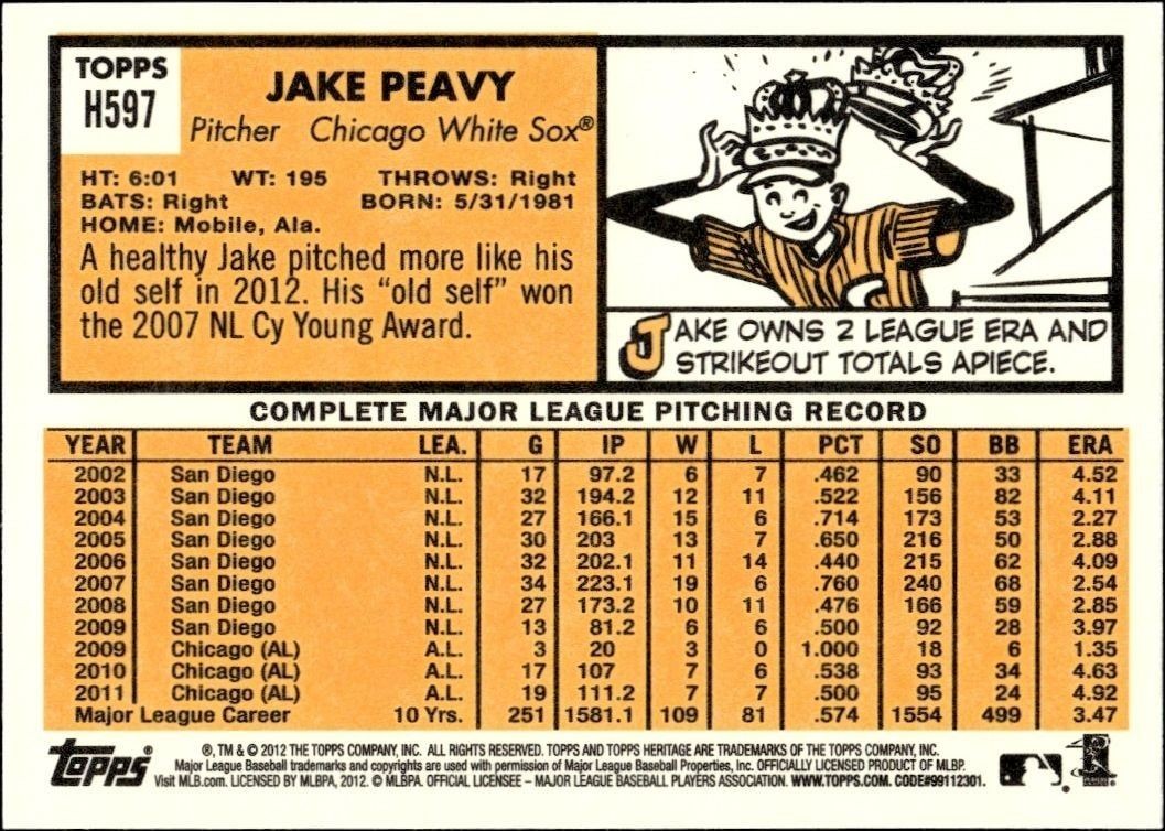 2012 Topps Heritage High Number Jake Peavy #H597 baseball trading card back