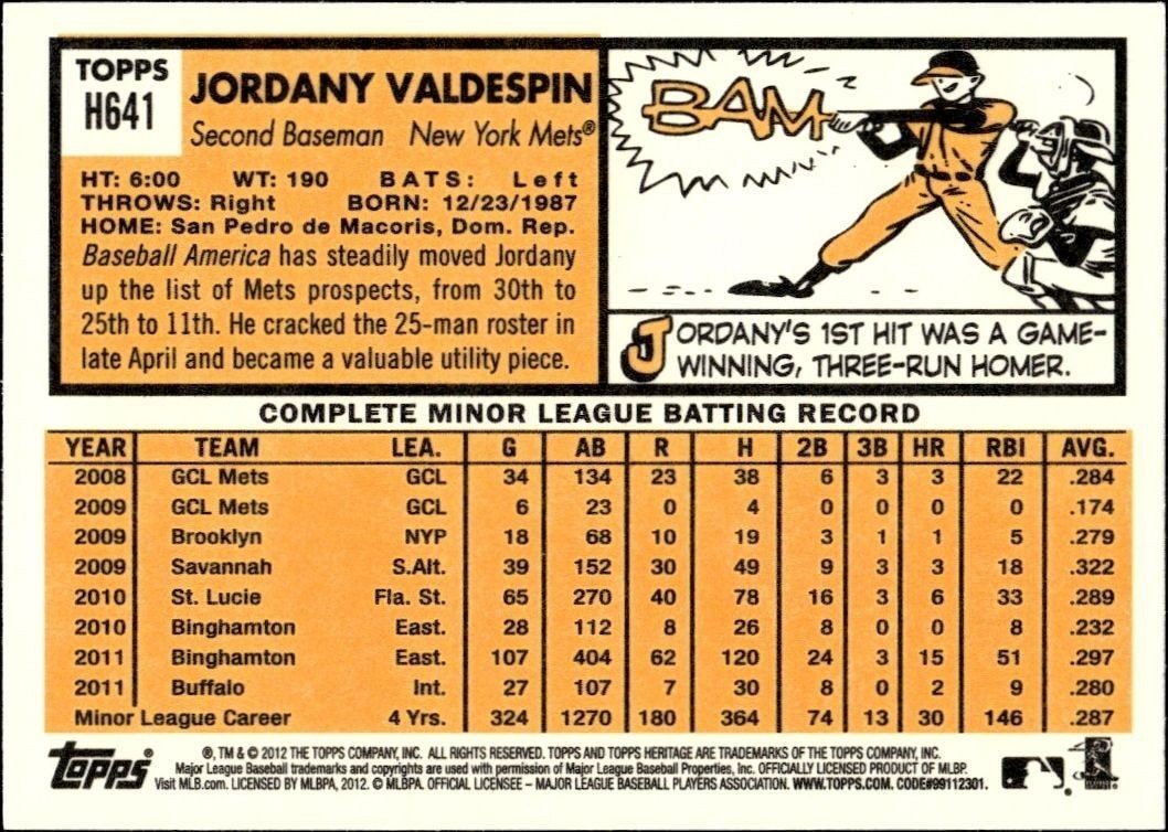 2012 Topps Heritage High Number Jordany Valdespin #H641 baseball trading card back