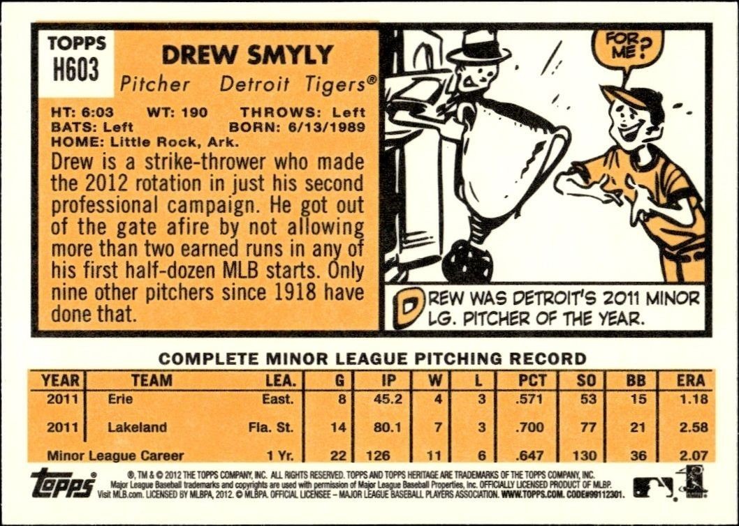 2012 Topps Heritage High Number Drew Smyly #H603 baseball trading card back