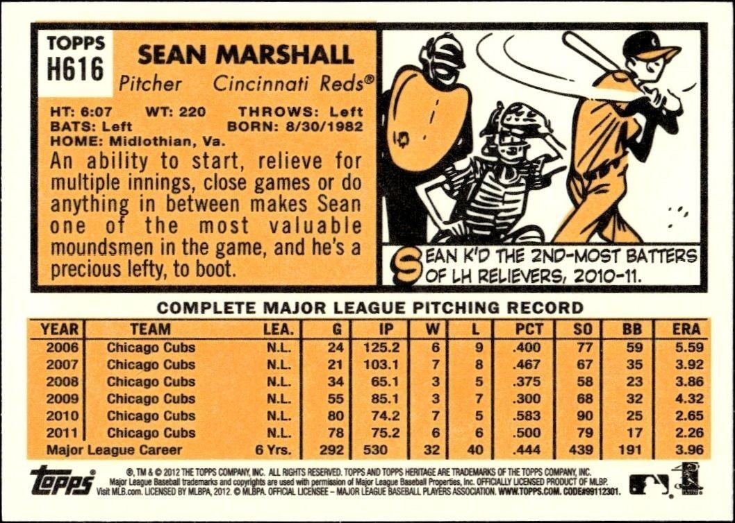 2012 Topps Heritage High Number Sean Marshall #H616 baseball trading card back