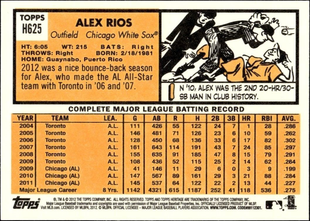 2012 Topps Heritage High Number Alex Rios #H625 baseball trading card back