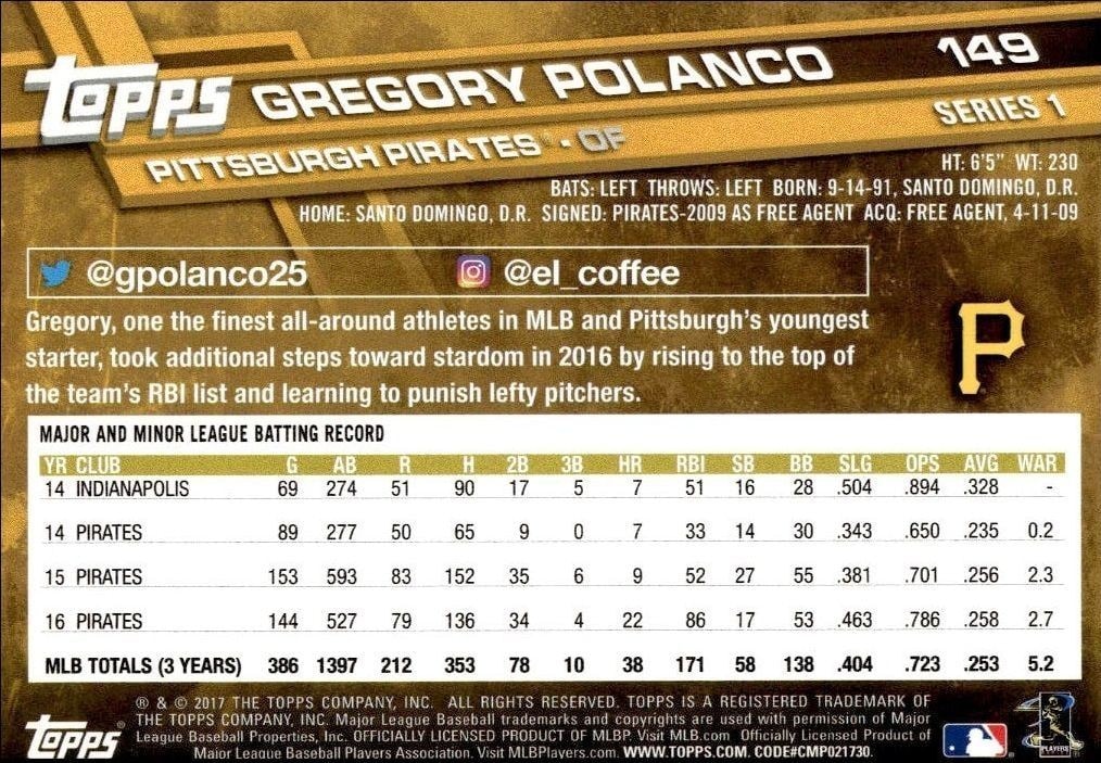 2017 Topps Gregory Polanco #149 baseball trading card back