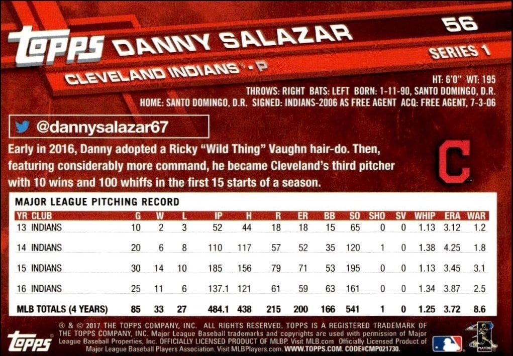 2017 Topps Danny Salazar #56 baseball trading card back