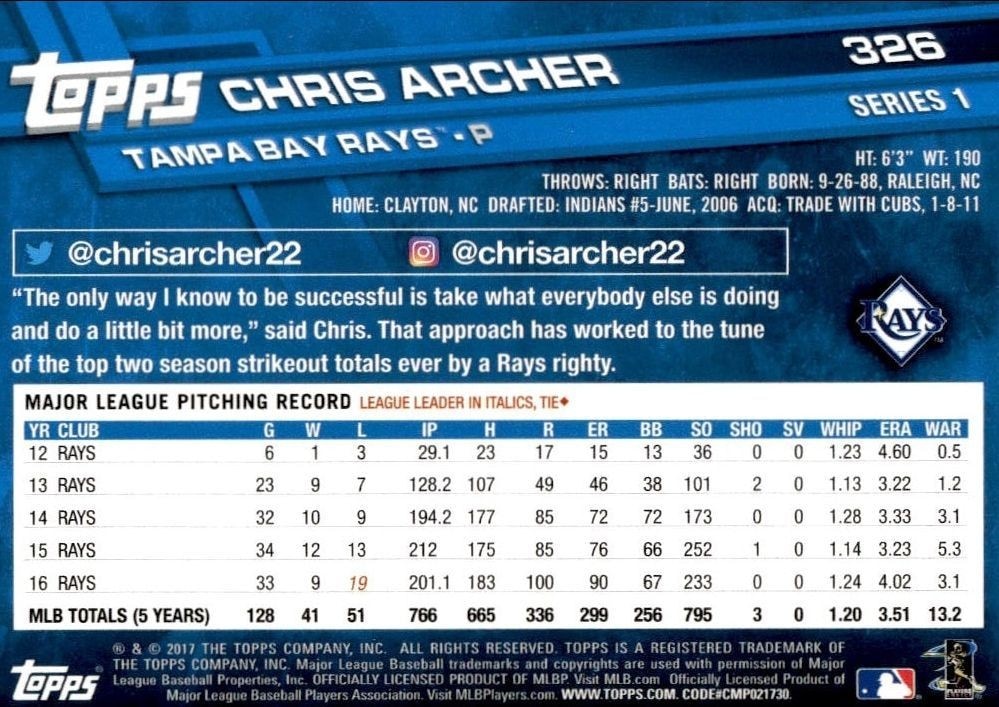 2017 Topps Chris Archer #326 baseball trading card back