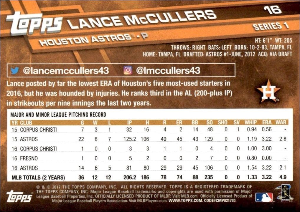 2017 Topps Lance McCullers #16 baseball trading card back