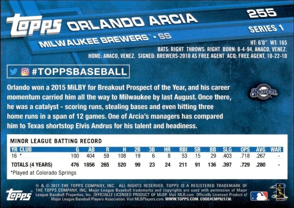 2017 Topps Orlando Arcia #255 baseball trading card back