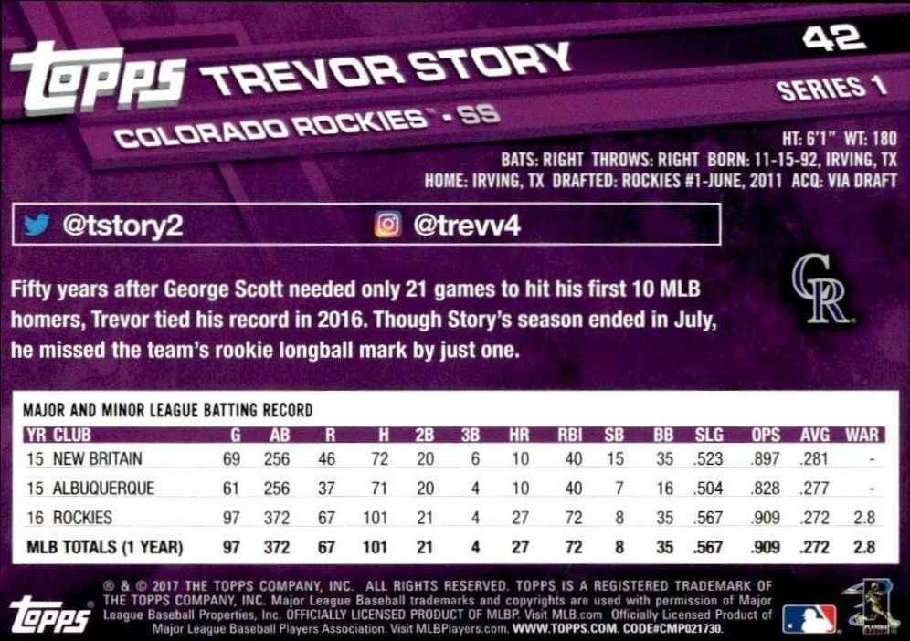 2017 Topps Trevor Story #42 baseball trading card back