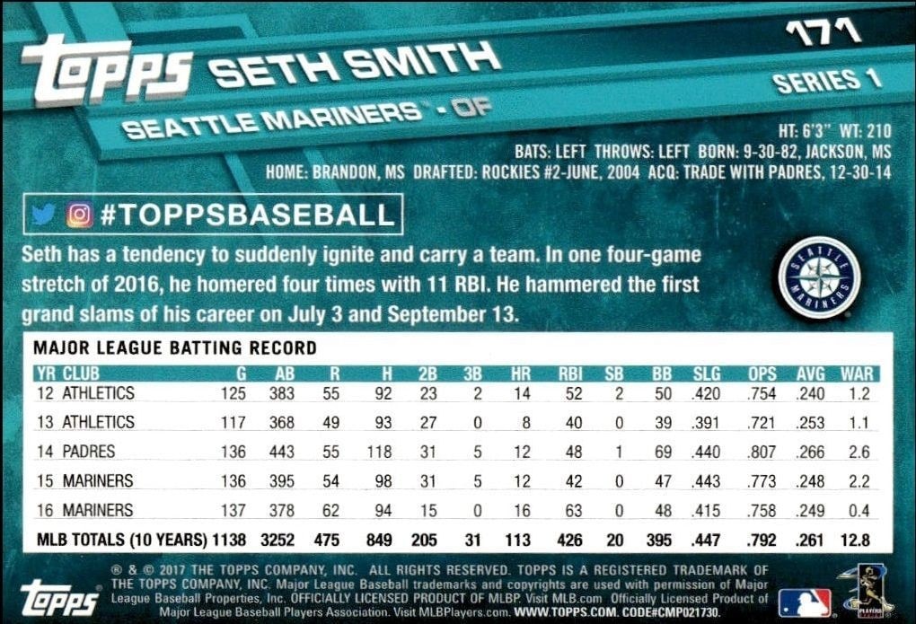 2017 Topps Seth Smith #171 baseball trading card back