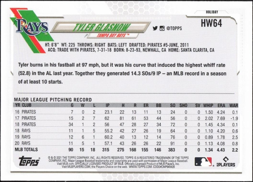 2021 Topps Holiday Tyler Glasnow #HW64 baseball trading card back