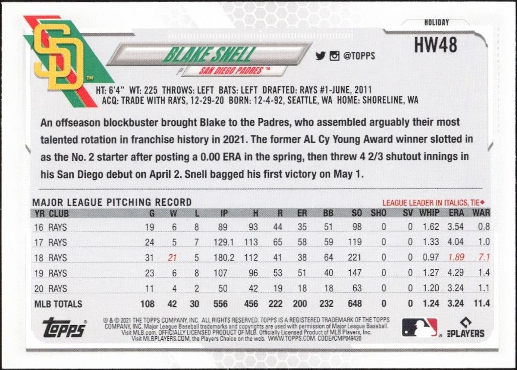 2021 Topps Holiday Blake Snell #HW48 baseball trading card back