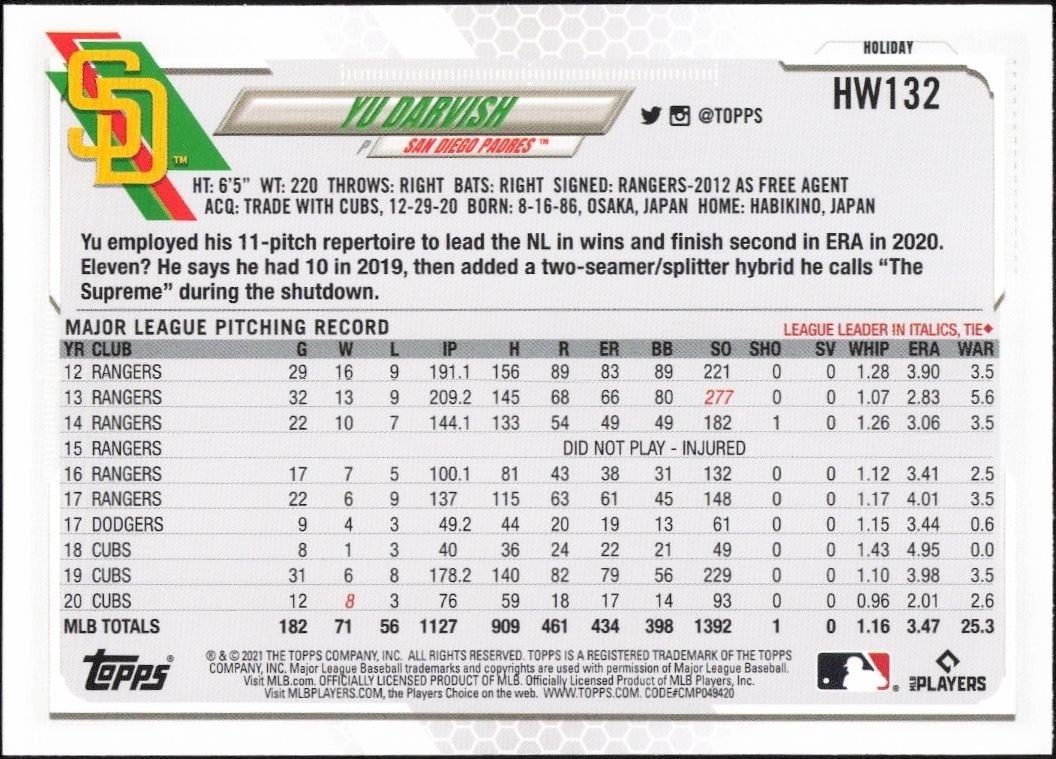 2021 Topps Holiday Yu Darvish #HW132 baseball trading card back