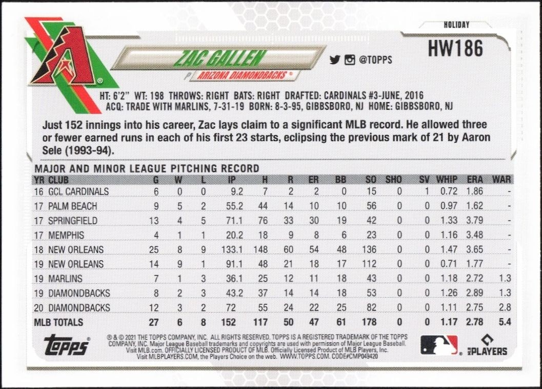 2021 Topps Holiday Zac Gallen #HW186 baseball trading card back
