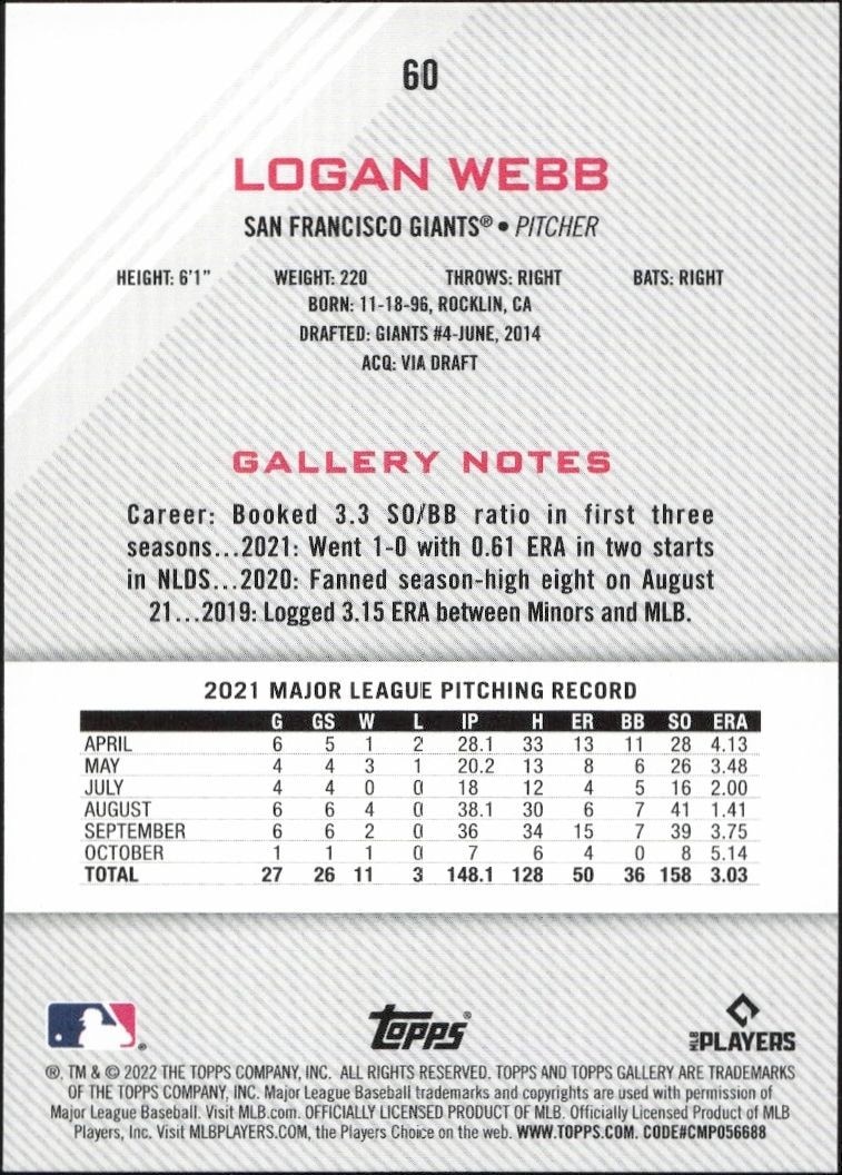 2022 Topps Gallery Logan Webb #60 baseball trading card back