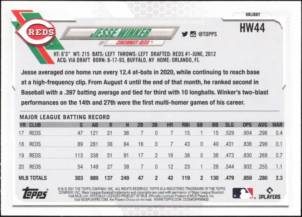2021 Topps Holiday Jesse Winker #HW44 baseball trading card back