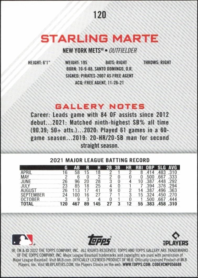 2022 Topps Gallery Starling Marte #120 baseball trading card back