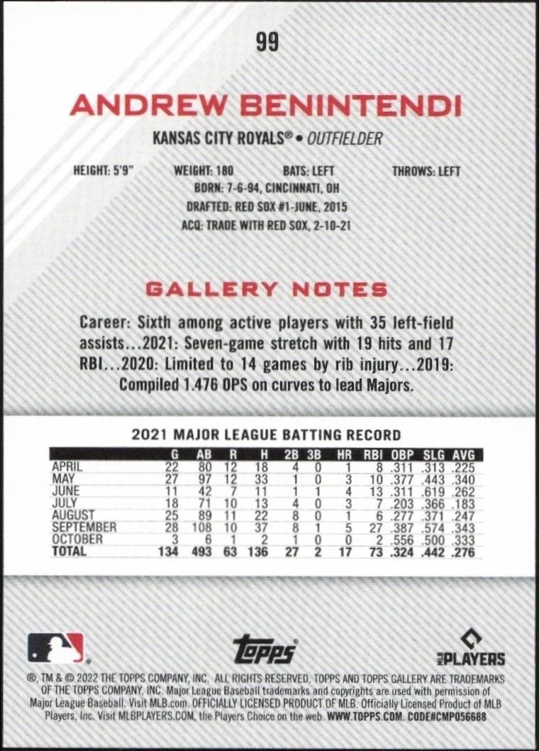 2022 Topps Gallery Andrew Benintendi #99 baseball trading card back