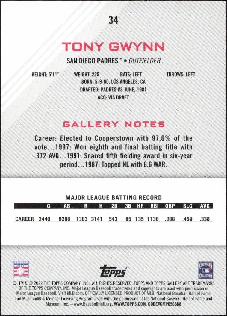 2022 Topps Gallery Tony Gwynn #34 baseball trading card back