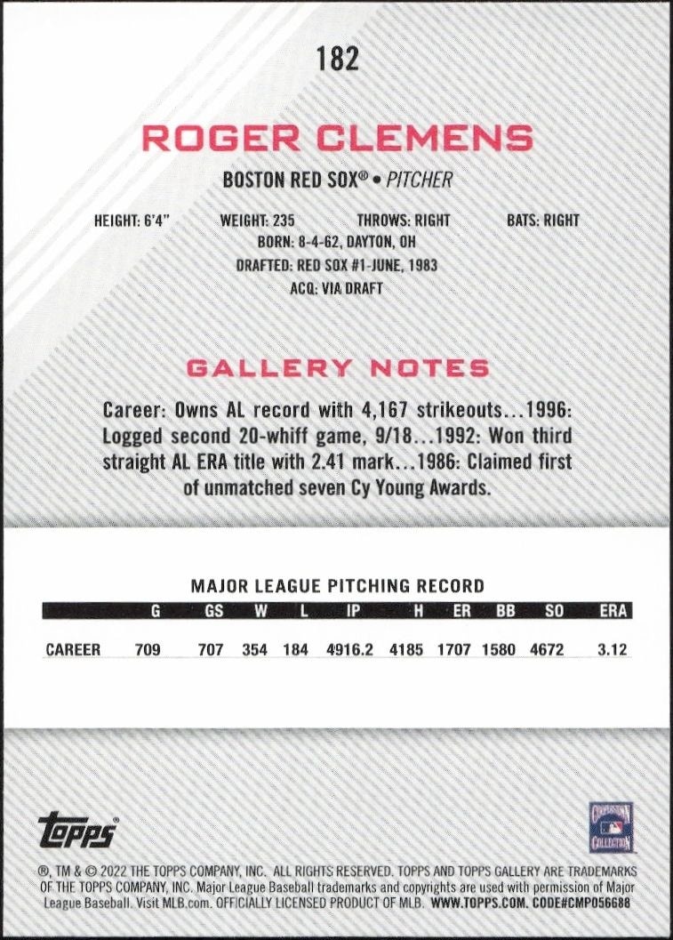 2022 Topps Gallery Roger Clemens #182 baseball trading card back