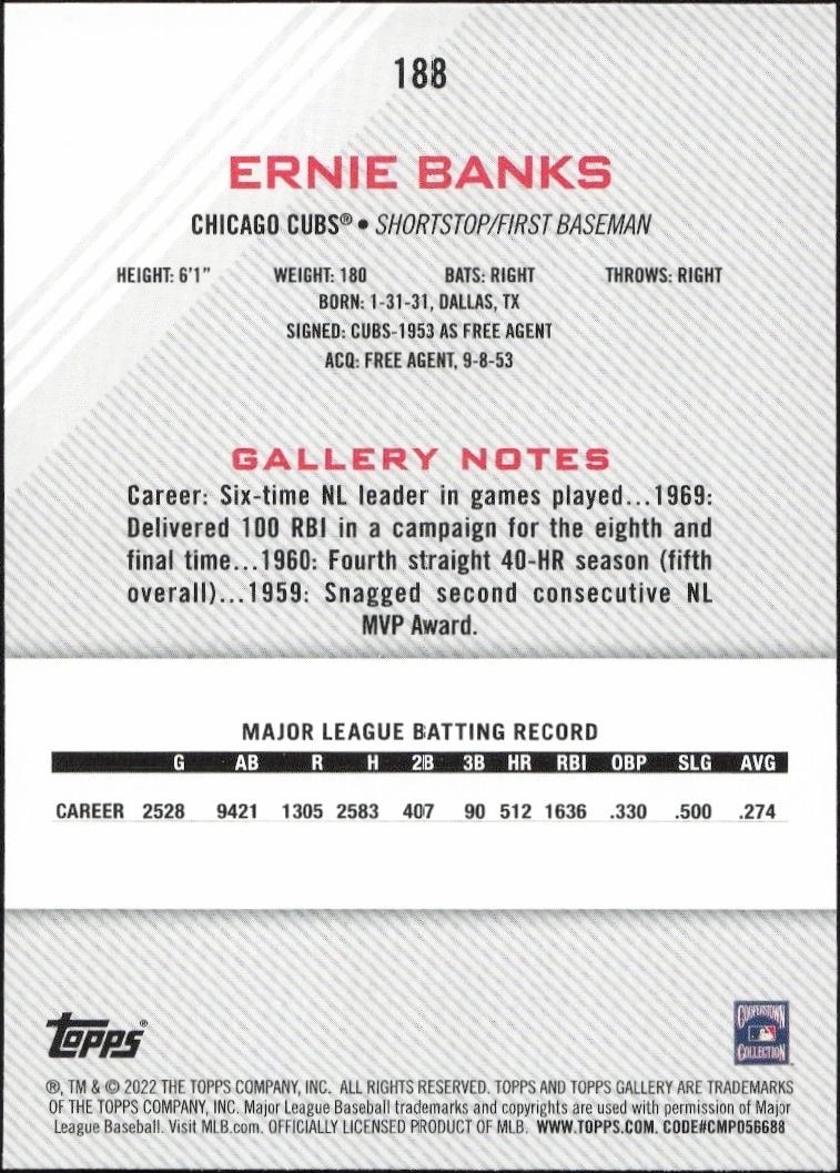2022 Topps Gallery Ernie Banks #188 baseball trading card back