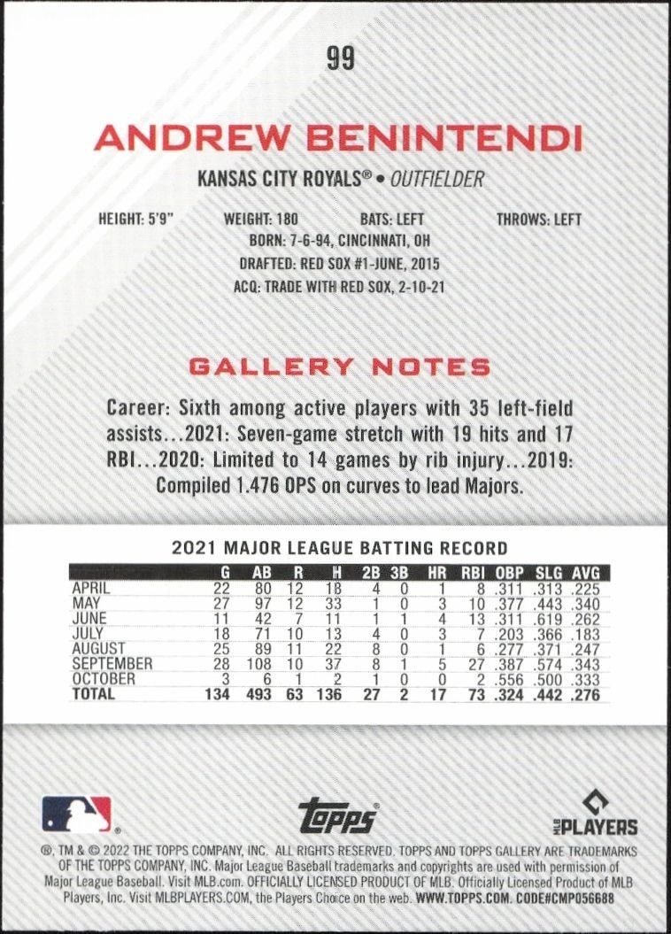 2022 Topps Gallery Andrew Benintendi #99 baseball trading card back