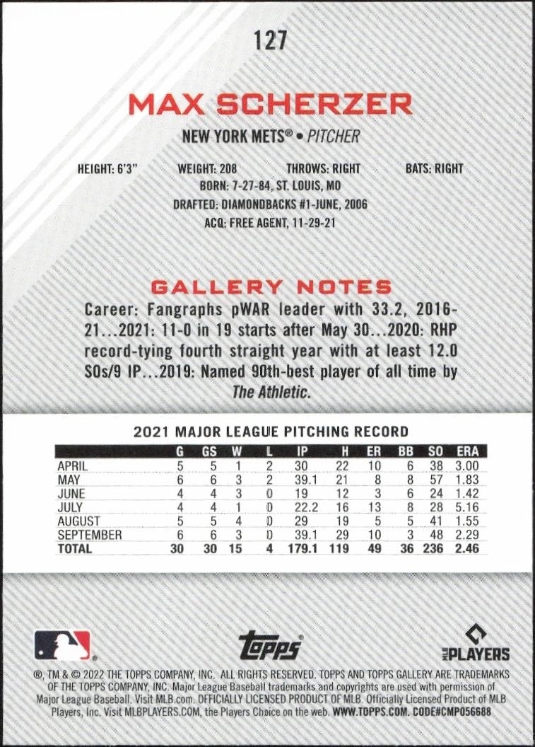 2022 Topps Gallery Max Scherzer #127 baseball trading card back