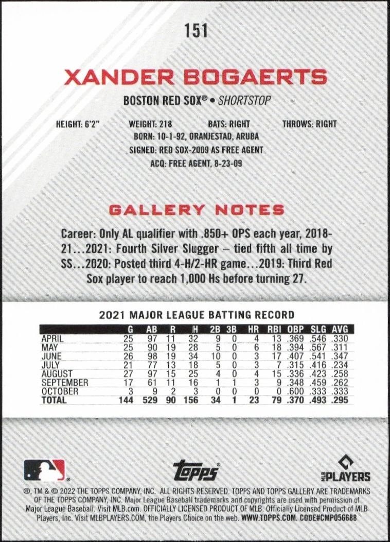 2022 Topps Gallery Xander Bogaerts #151 baseball trading card back