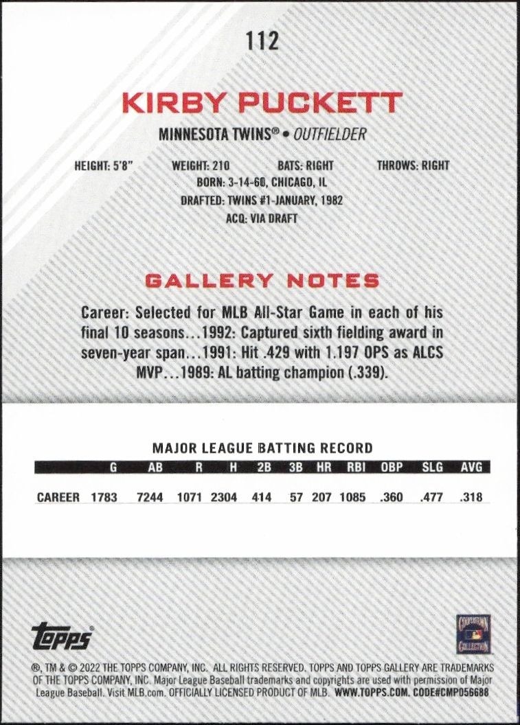 2022 Topps Gallery Kirby Puckett #112 baseball trading card back