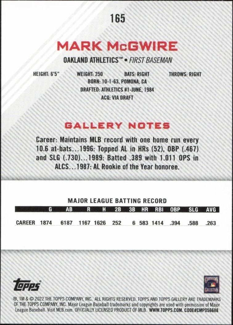 2022 Topps Gallery Mark McGwire #165 baseball trading card back