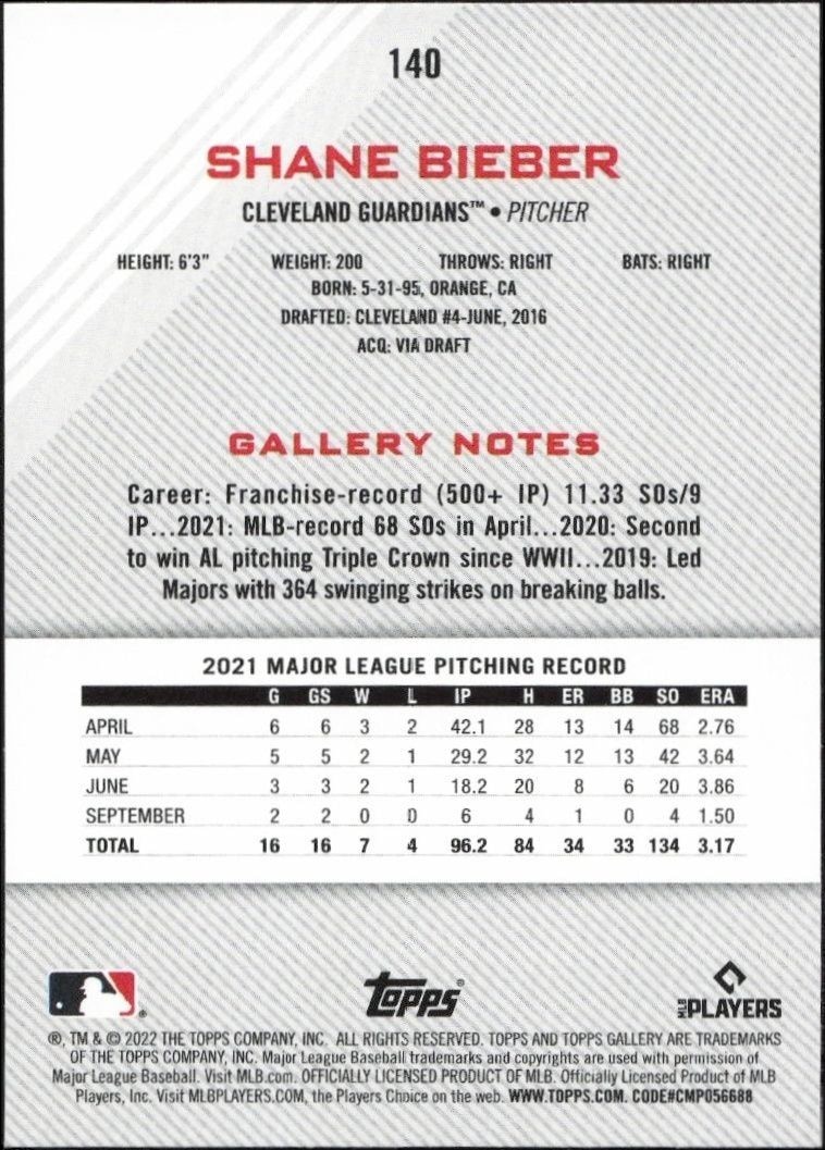 2022 Topps Gallery Shane Bieber #140 baseball trading card back