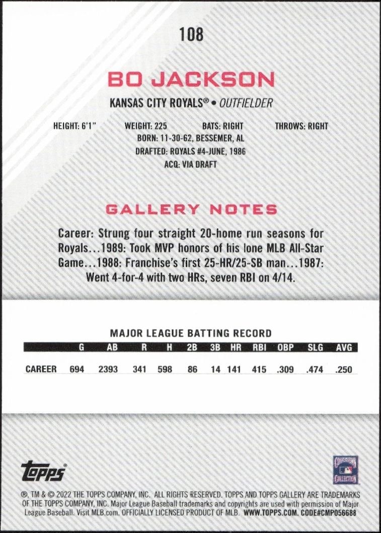 2022 Topps Gallery Bo Jackson #108 baseball trading card back
