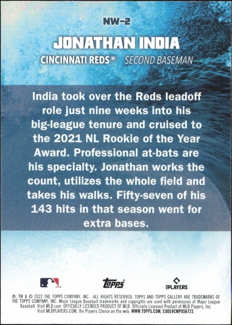 2022 Topps Gallery Jonathan India #NW-2 baseball trading card back