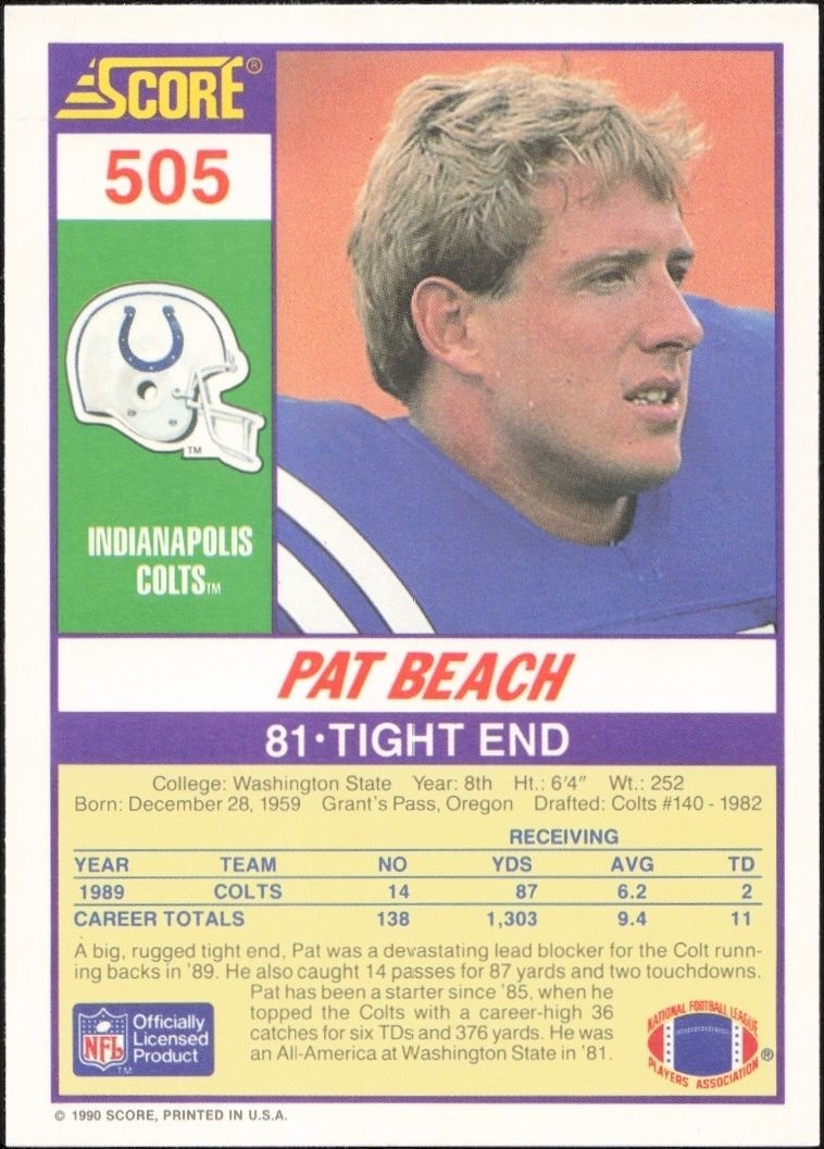 1990 Score Pat Beach #505 football trading card back