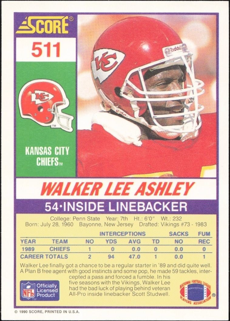 1990 Score Walker Lee Ashley #511 football trading card back